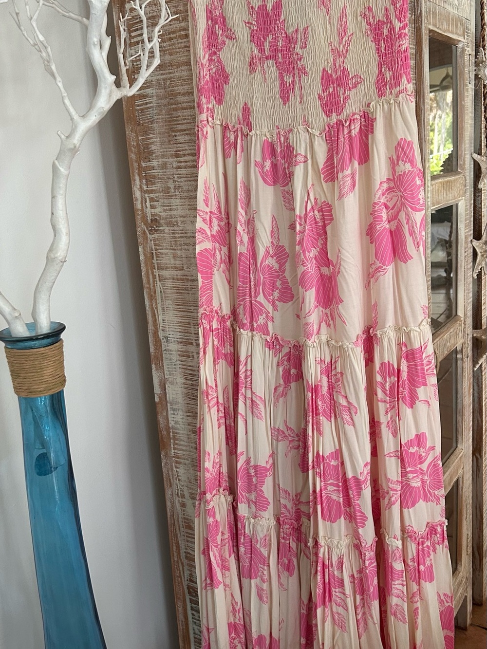 Smocked Waist Pink Floral Tiered Maxi Skirt - Cream